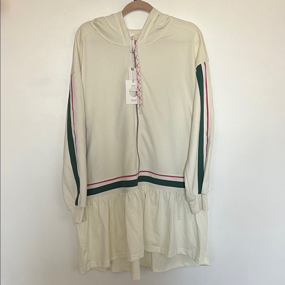 Cream Hooded Long-Sleeve Dress with Green & Pink Stripe Accents